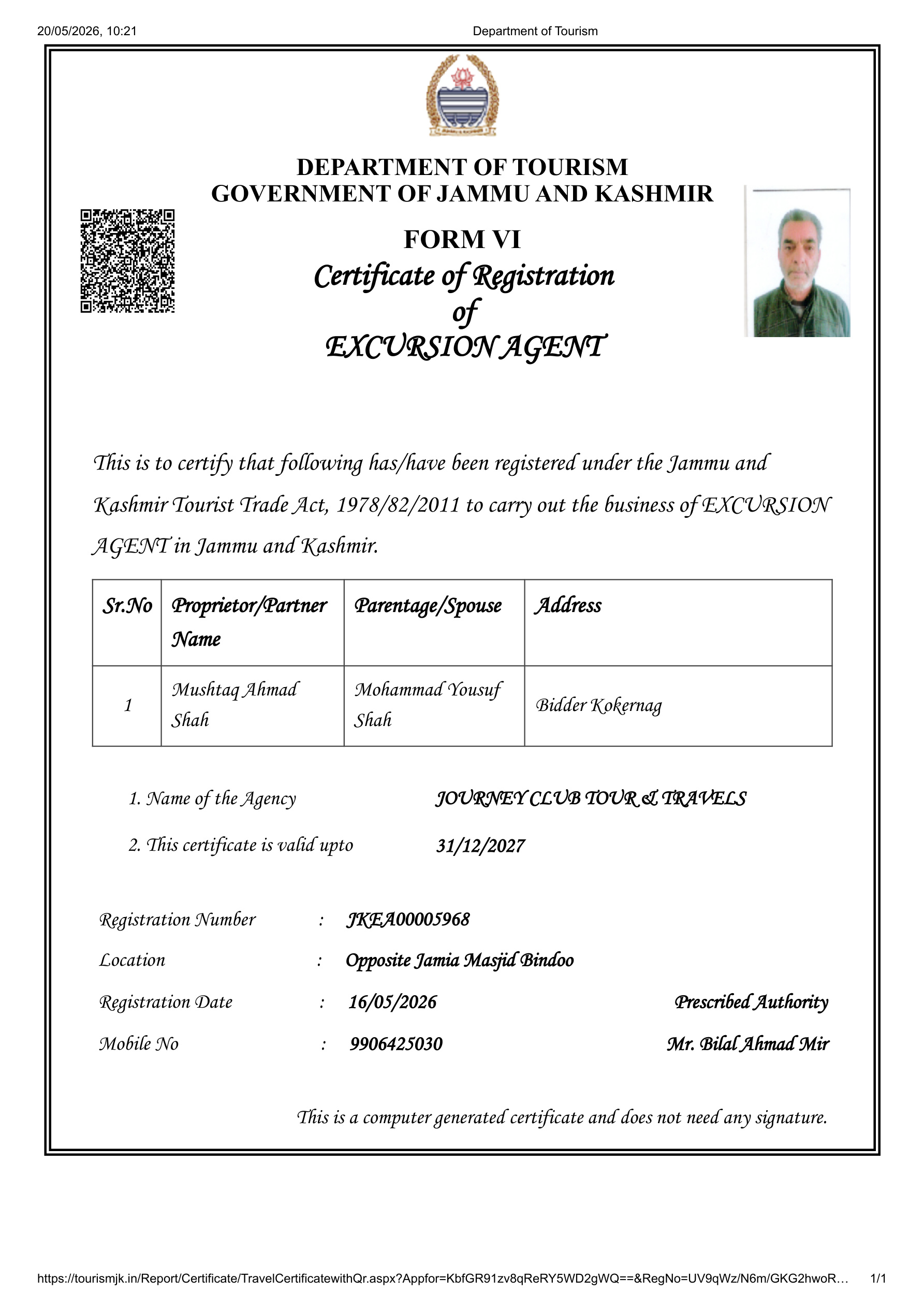 Registration Certificate — Journey Club Tour & Travels (Form VI, Department of Tourism, Government of Jammu & Kashmir)